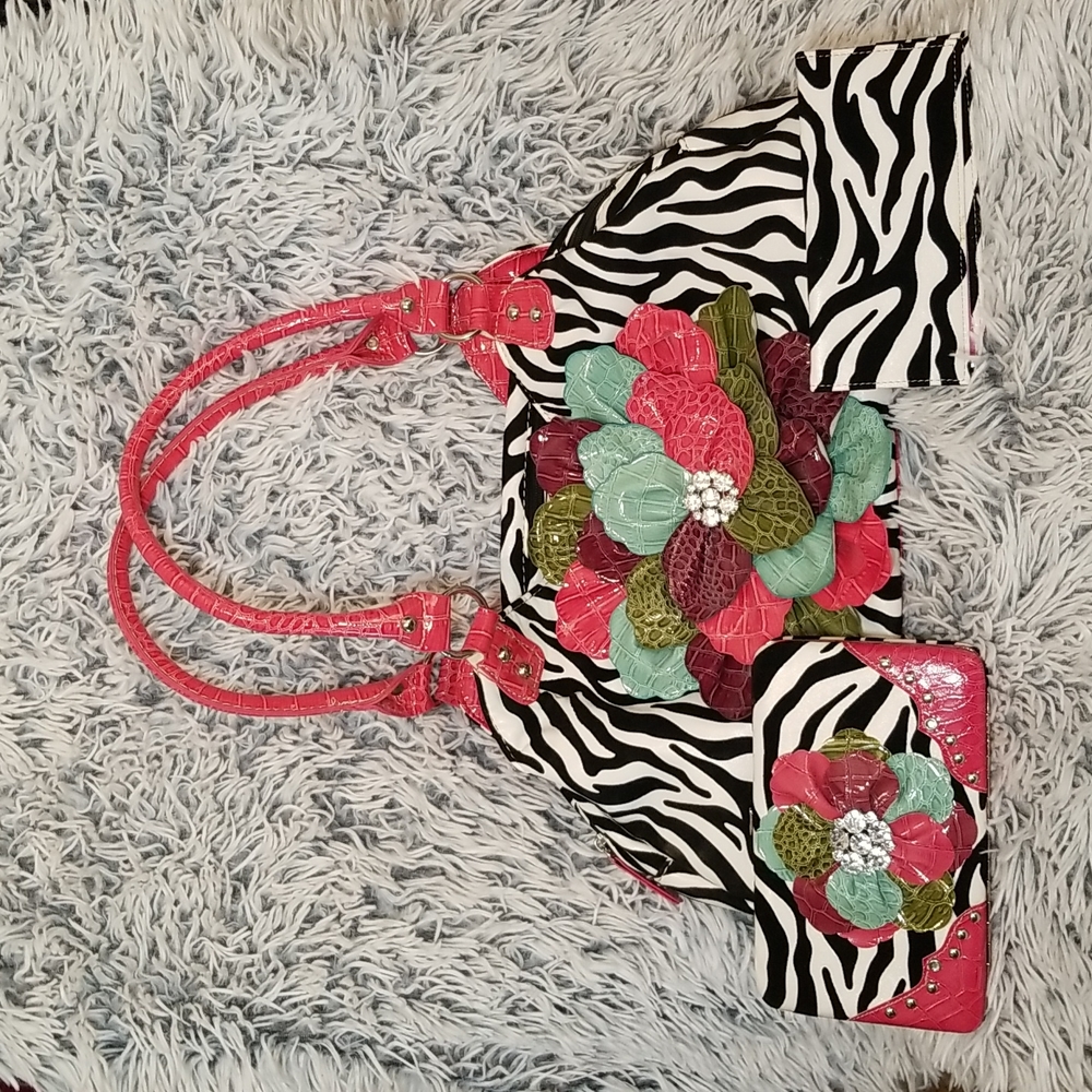 Zebra Print Purse with Wallet and Checkbook Cover